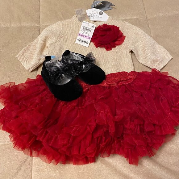 First Impressions Baby Girl Sweater/Ruffled Skirt & Black Velvet Shoes - Picture 4 of 13
